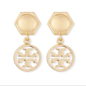 Tory Burch Gold Circle Logo Drop Earrings